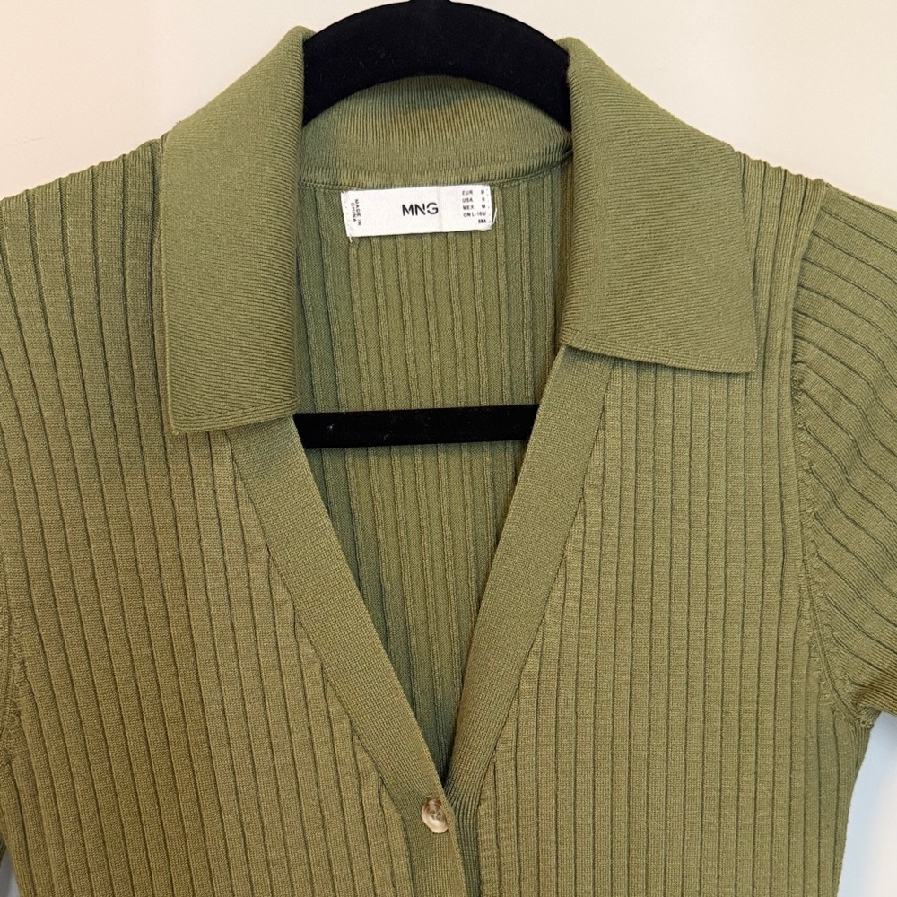 Mango Olive Green Ribbed Button-Down Long Sleeve Midi Dress - Picture 3 of 8